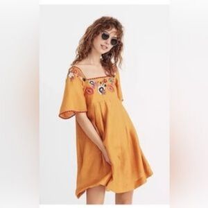 Madewell Embroidered Linen Blend Square Neck Boho Babydoll Dress Size Large